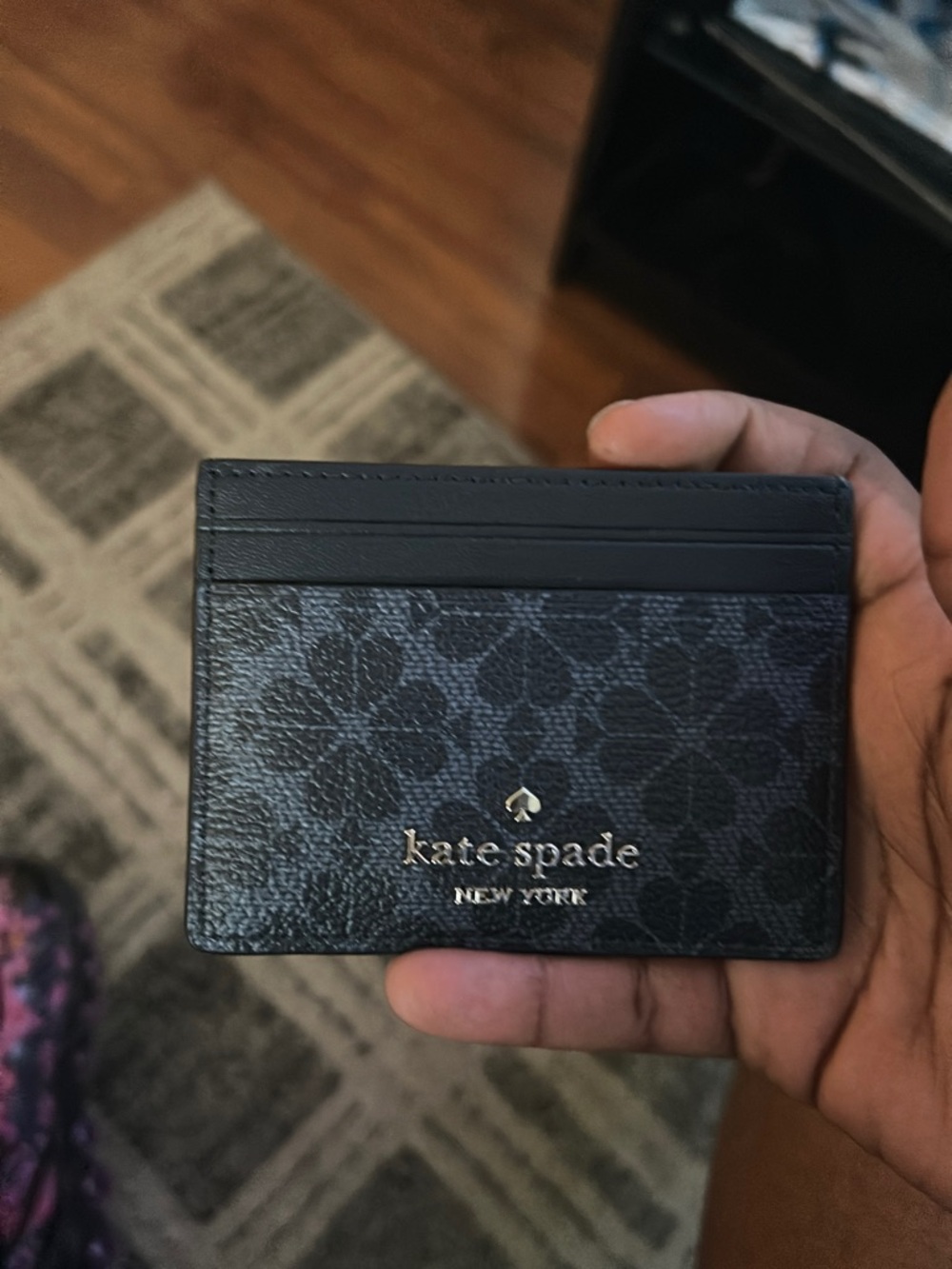kate spade Black Floral-Print Card Holder with Gold Logo